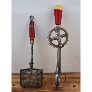 Antique Farmhouse,‎ Red Wood Handle, Wire Basket, A & J Ekco Egg Beater Set X2